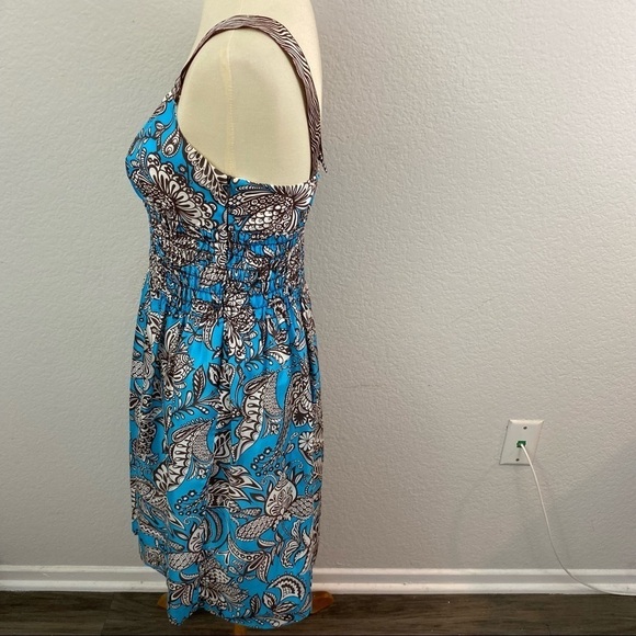 Trina Turk 100% Silk  Blue & Brown Print Dress Elastic Smocked Waist Size 8 - Picture 5 of 11